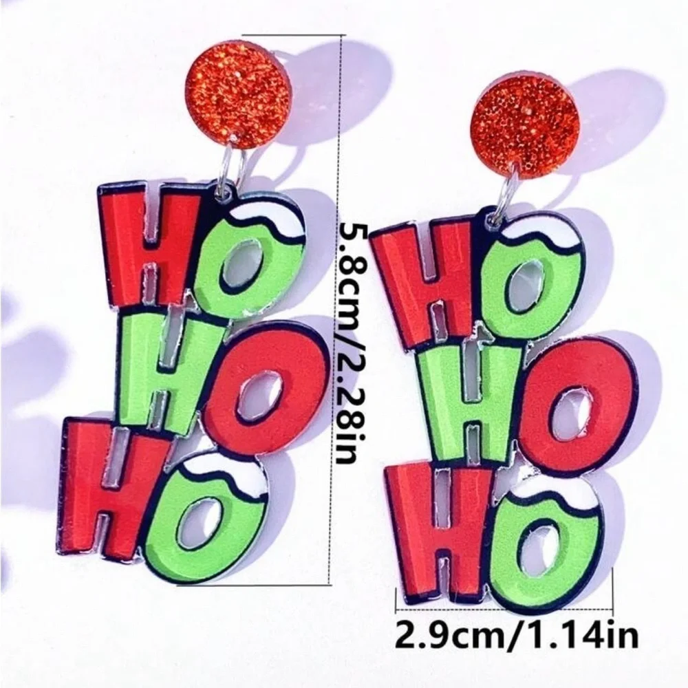 “ Ho Ho Ho” Acrylic/Resin Red Stud Dangle Earrings Christmas Red Green NEW